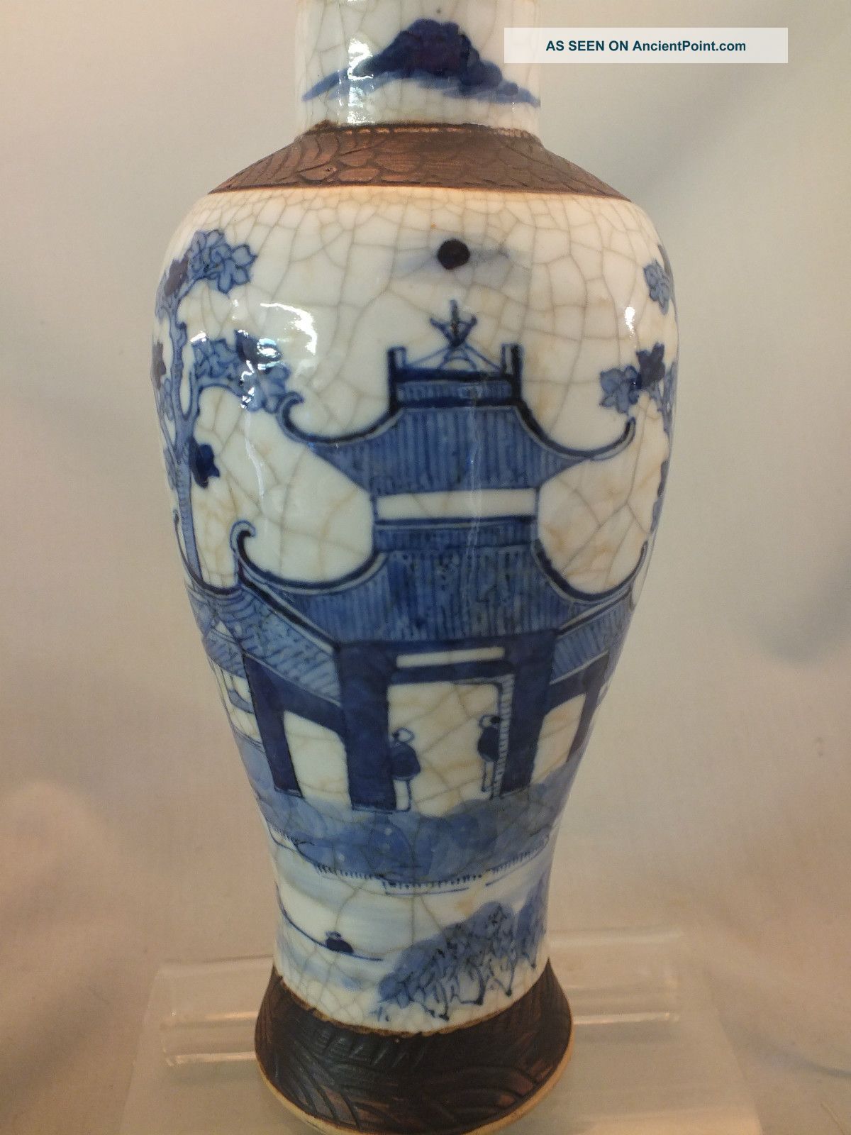 Chinese Porcelain Crackle Glaze Vase With Blue Landscape Decor 19thc Porcelain photo