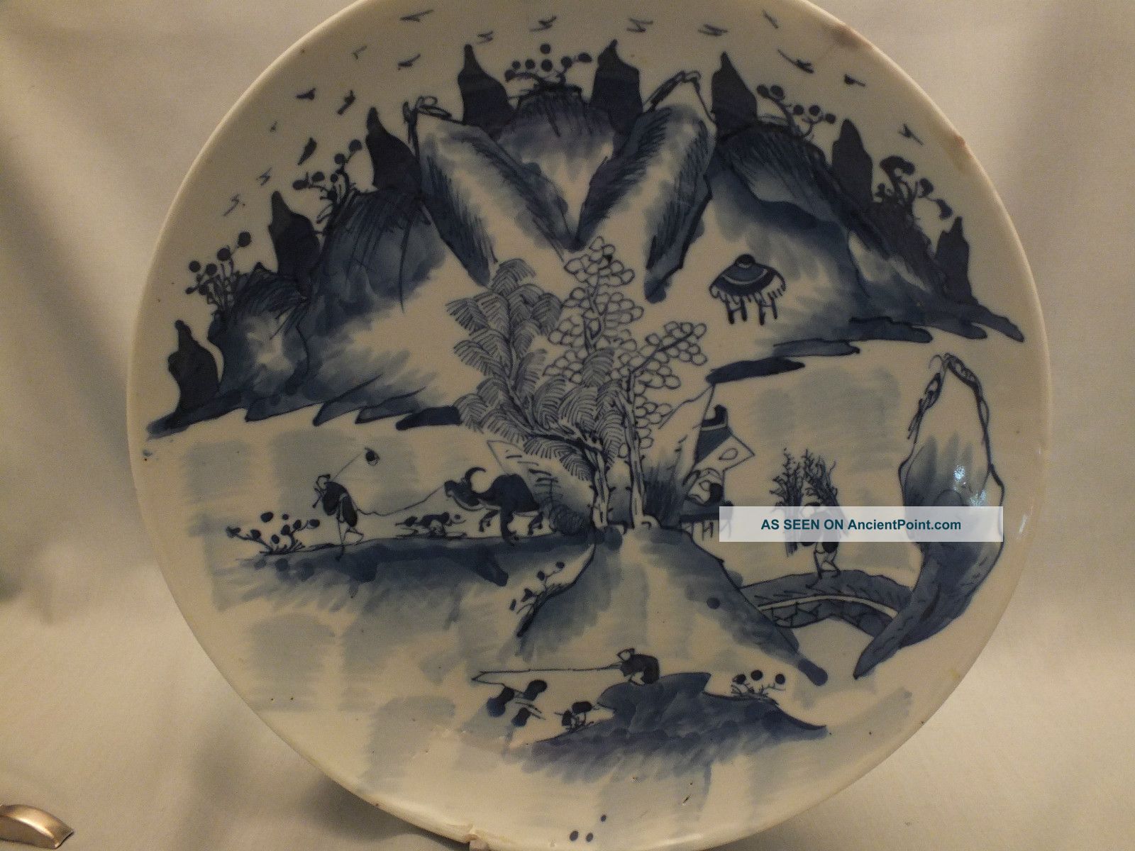 Unusual Chinese Porcelain Blue & White Dish With Rustic Scene Decor 19thc Porcelain photo