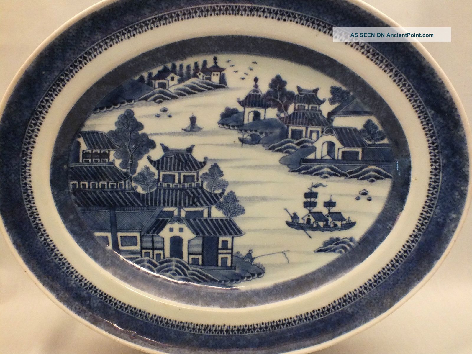 Chinese Porcelain Blue & White Oval Meat Dish With Landscape Scene Decor 19thc Porcelain photo