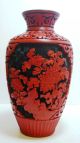 100% Old 1950s Red Cinnabar Lacquer Chinese Carved Vase Blue Cloisonne Vases photo 1