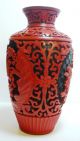 100% Old 1950s Red Cinnabar Lacquer Chinese Carved Vase Blue Cloisonne Vases photo 2