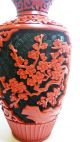 100% Old 1950s Red Cinnabar Lacquer Chinese Carved Vase Blue Cloisonne Vases photo 4
