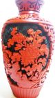 100% Old 1950s Red Cinnabar Lacquer Chinese Carved Vase Blue Cloisonne Vases photo 5