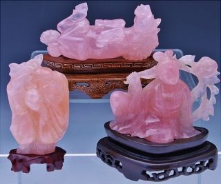 Estate Coll 3 Chinese Carved Rose Quartz Guanyin Immortal Imperial Horse Figures photo