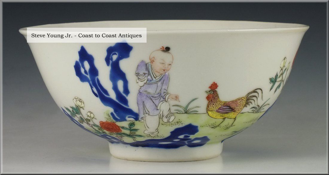 Fine Antique Chinese Famille Rose Boy & Chicken Bowl W/ Qianlong Mark Bowls photo