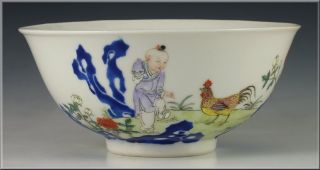 Fine Antique Chinese Famille Rose Boy & Chicken Bowl W/ Qianlong Mark photo
