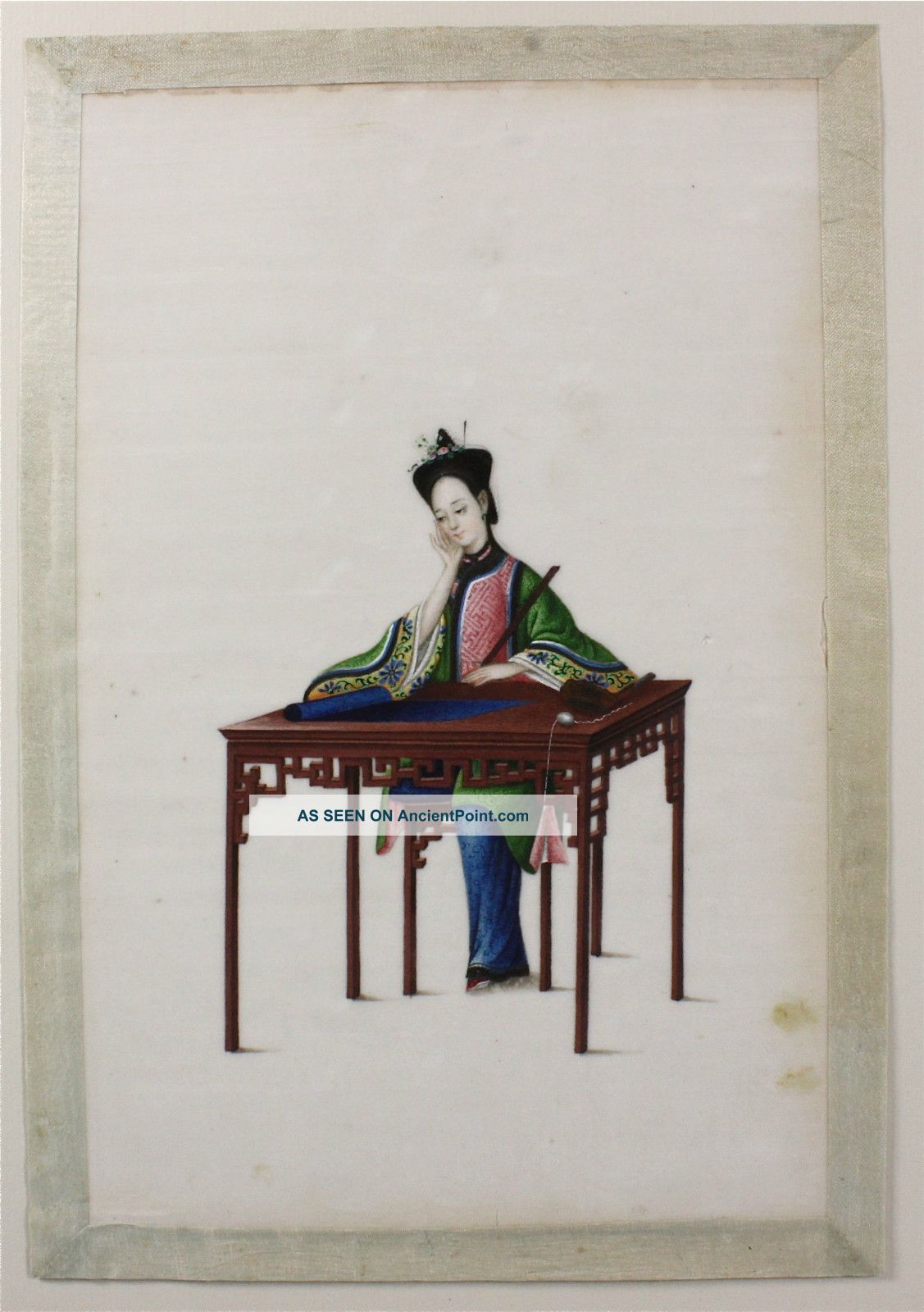 Fine Chinese Rice Pith Paper Painting Of Lady Seated At A Table 19thc Paintings & Scrolls photo