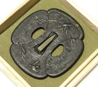 ◆large Tsuba◆ - Bird & Bamboo - Mokko Style Tasteful 86mm Box photo