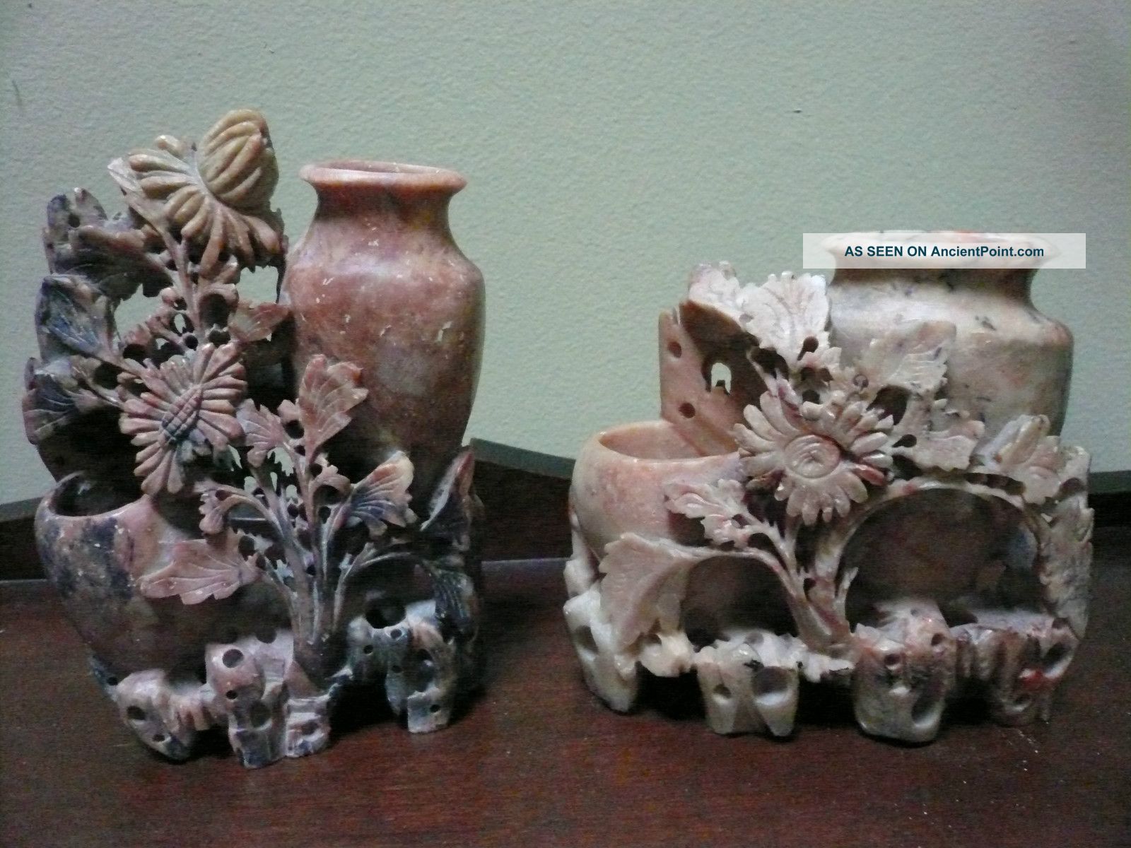 Two Older Vintage Chinese Soapstone Double Vase Carvings