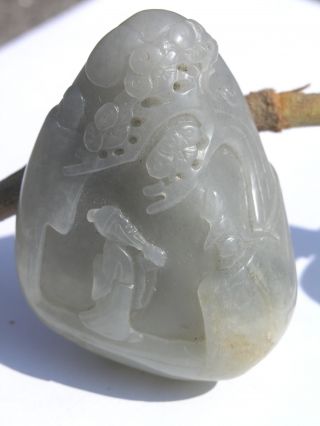 Antique Chinese Carved Jade Pebble Scholar Under Tree With Monkeys Scene Xuezhe photo