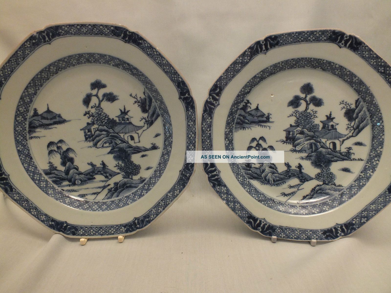 Pr Chinese Porcelain Blue & White Plates With Landscape Scene Decor 18thc Porcelain photo
