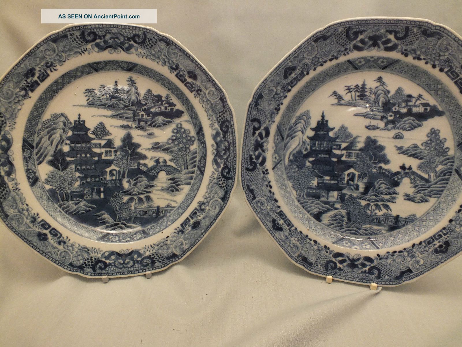 Pr Chinese Porcelain Blue & White Plates Decorated With A Landscape Scene 18thc Porcelain photo
