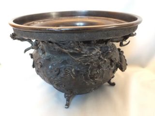 A Good Large Chinese Bronze Censor Modelled With A Dragon Amongst Clouds 19thc photo