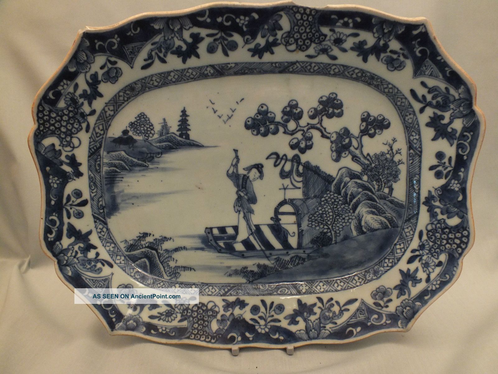 Chinese Porcelain Blue/white Meat Dish With Man & Dog In A Boat Decor 18thc Porcelain photo