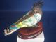 Antique Chinese Silver Enamel Filigree Bird Figurine Sapphire Eye Wood Pedestal Birds photo 2