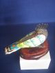 Antique Chinese Silver Enamel Filigree Bird Figurine Sapphire Eye Wood Pedestal Birds photo 4