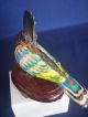 Antique Chinese Silver Enamel Filigree Bird Figurine Sapphire Eye Wood Pedestal Birds photo 5