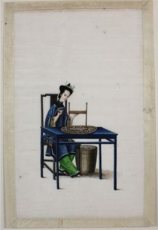 Fine Chinese Rice Pith Paper Painting Of Lady Seated At A Table 19thc photo