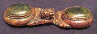 Antique Chinese Gilt Bronze Belt Buckle W/ Dragon Catch & Green Jade Inserts photo