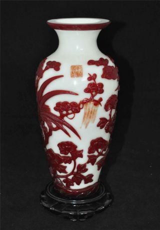 Chinese Antique Red Overlay White Glass Vase With Qianlong Mark photo
