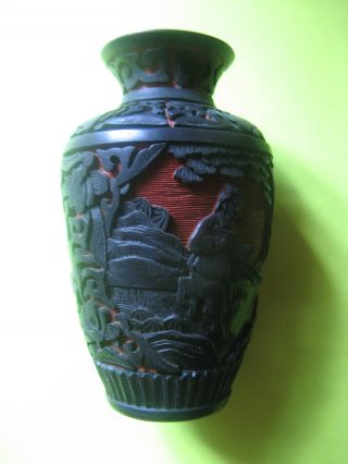 Vintage Chinese,  Enamel And Red Cinnabar Vase.  Black Lacquer Interior photo