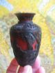 Vintage Chinese,  Enamel And Red Cinnabar Vase.  Black Lacquer Interior Vases photo 2
