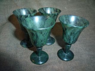 Fine Set 4 Dark Green Jade Stone Saki Wine Cup photo