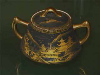 Stunning Noir&gilded Antique Japanese Porcelain Lidded Sugar Bowl Signed photo