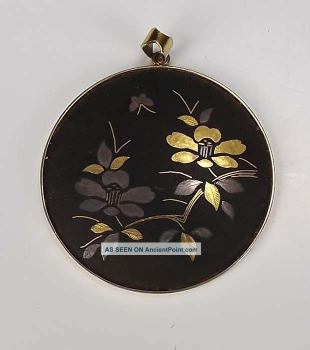 Japanese Oriental Satsuma Silver & Brass Inlaid Pendant - Porcelain photo
