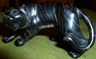 Dark Hardwood Netsuke Well Carved Black Tiger Amazing Detail Rare Signed C20th photo