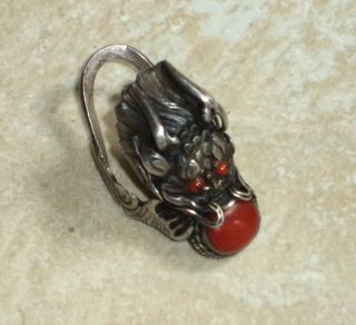 1920s 1930s.  Fine Chinese Dragon Ring Set With Glass Eyes And Red Coral Mouth. photo