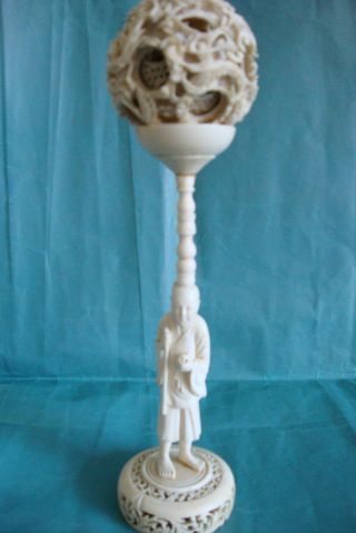 Chinese Cantonese Carved Bone Faux Ivory Puzzle Ball & Stand 19c Circa 1860 photo