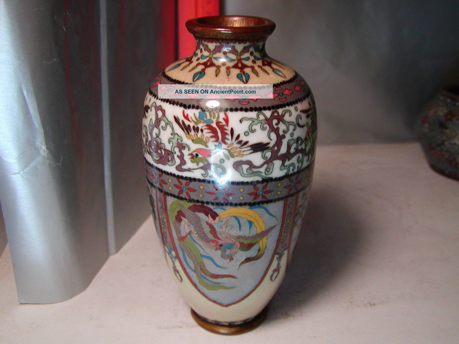 Bright And Colorful Japanese Cloisonne Panel Vase - Phoenix And Dragons Vases photo