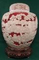 Pair Of Antique Chinese Red & White Cinnabar 10 
