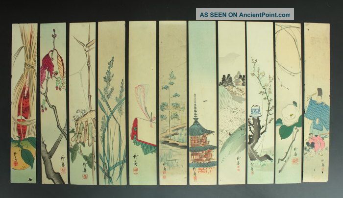 Jiku535 Jj Japan Scroll Shoji Chikushin Woodblock Printed Tanzaku 11p Paintings & Scrolls photo