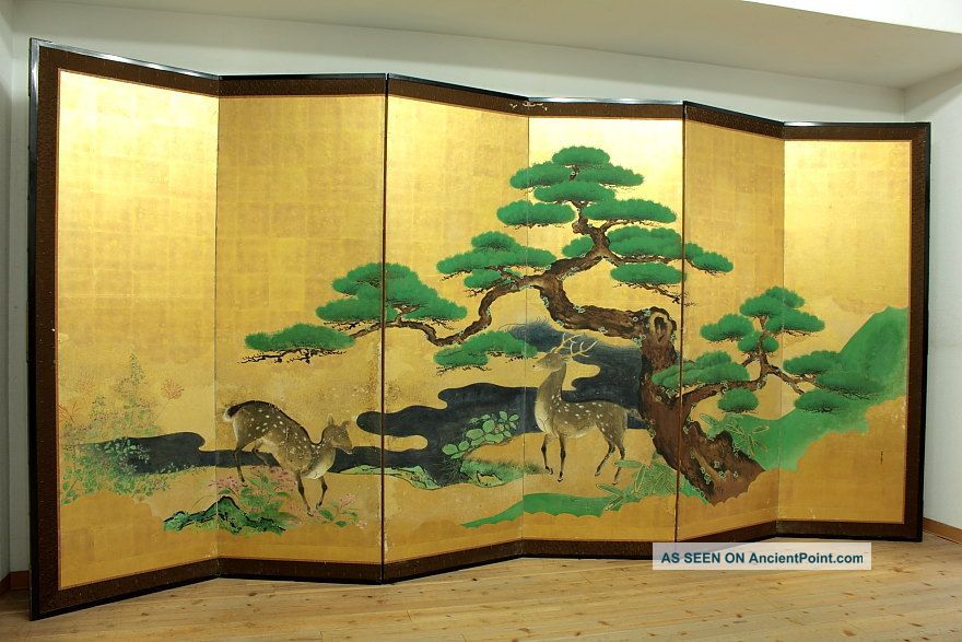 Wajin B101 Japanese Antique Byobu Folding Screen Pine Tree & Deers 18c Paintings & Scrolls photo