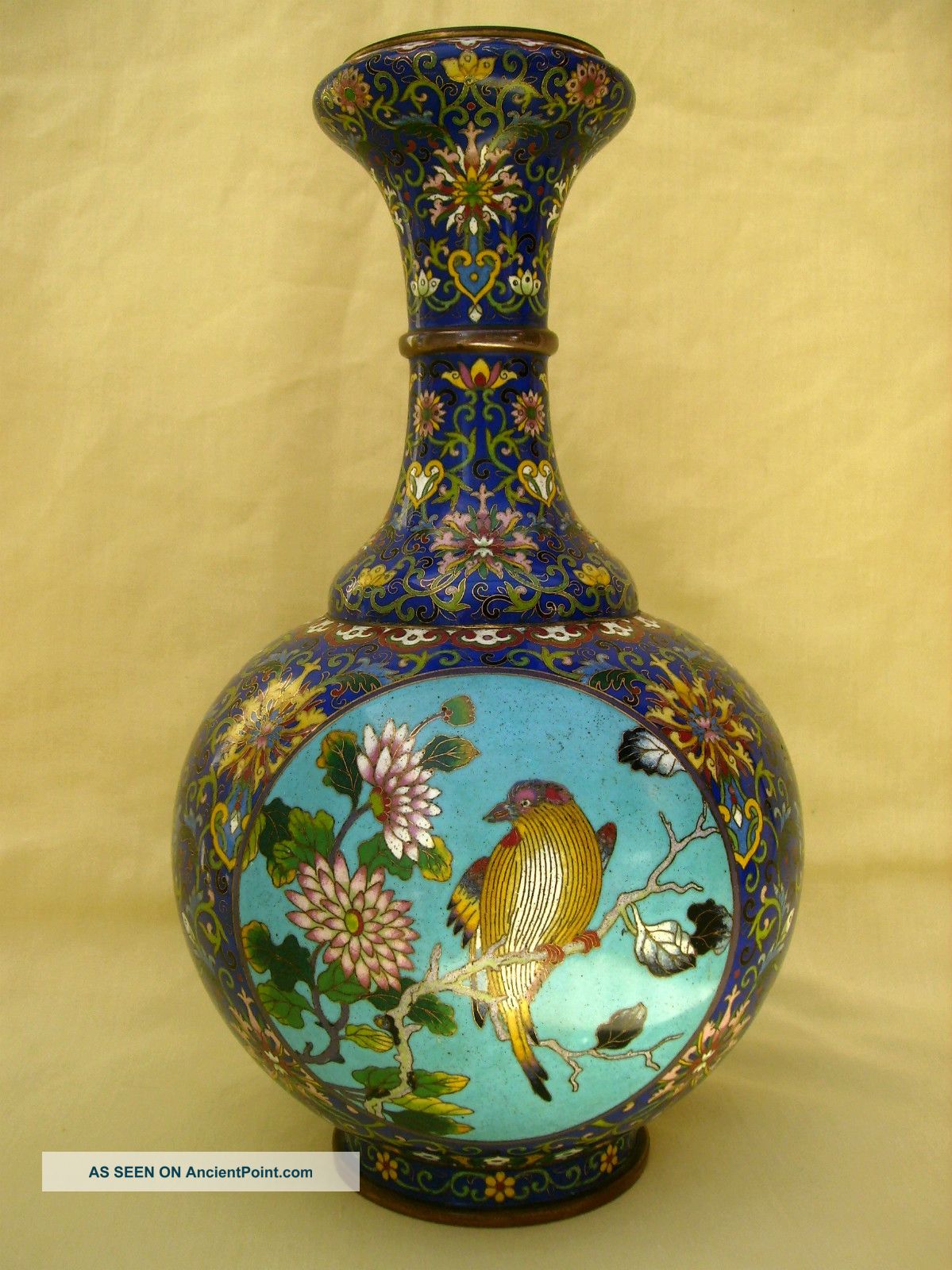 Antique Fine Chinese Cloisonne Gilt Metal Vase Signed Four Character Qing Era Vases photo