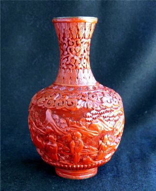 Beautifully Carved Antique Chinese Cinnebar Vase ~ Intricate Village Scenes photo