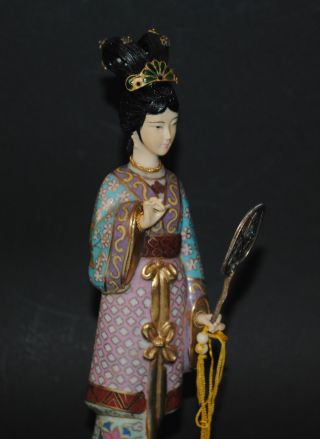 Antique Chinese Cloisonne Enamel Carved Ox Bone Face Geisha Girl Figure With Fan photo