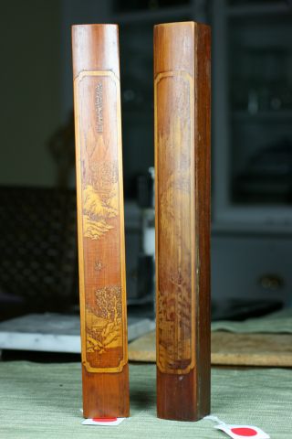 Rare Pair Of Chinese Hardwood Scroll Weights With Carved Bamboo On Top photo