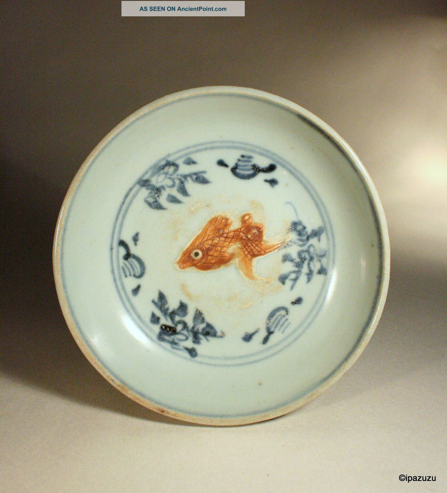 Antique Chinese Blue & White Dish Fish Ming Period Hongzhi Bowls photo