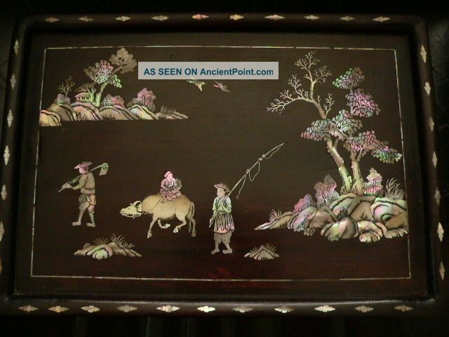 Antique Oriental Chinese Wooden Mother Of Pearl Inlay Pictorial Tray Other photo