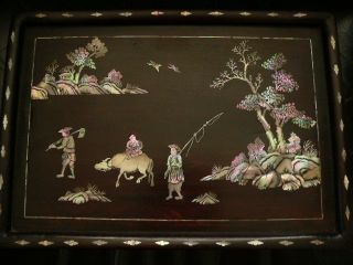 Antique Oriental Chinese Wooden Mother Of Pearl Inlay Pictorial Tray photo