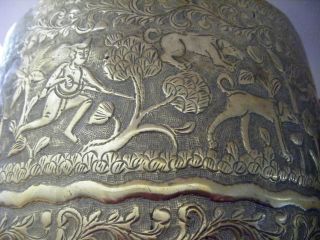 Indian Large Beaten Brass Planter With Animal Scenes photo