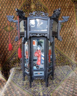 Antique Chinese Carved Wooden Dragon Reverse Painted Hanging Lamp Lantern photo