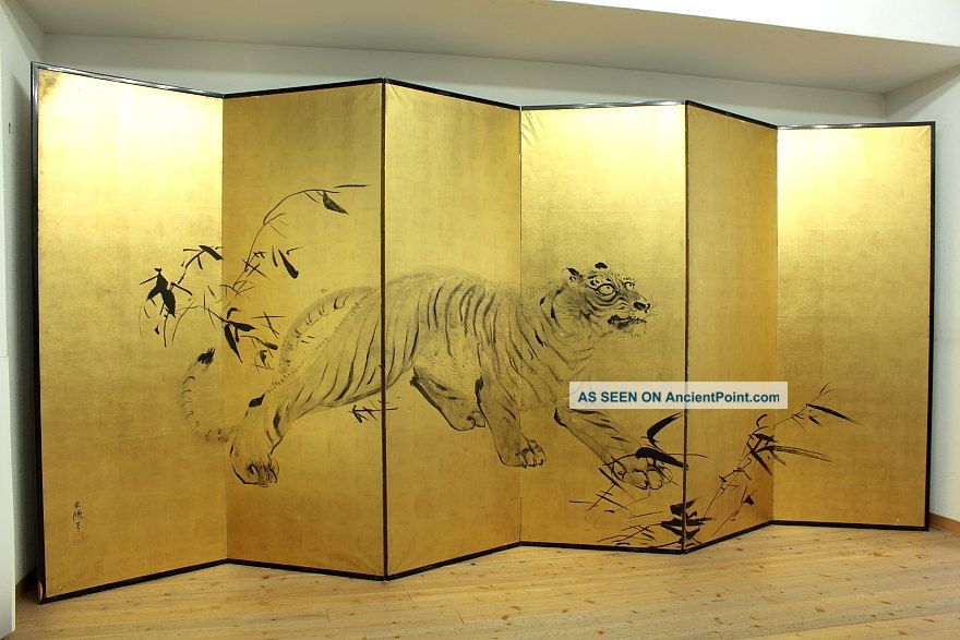 Wajin B102 Japanese Golden Byobu Folding Screen Kubota Beisen Taiger Paintings & Scrolls photo