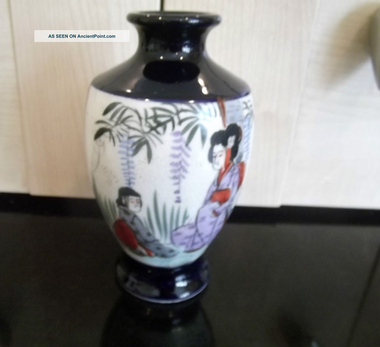 Satsuma Antique Hand Painted Vase Japan C1900 Cobalt Blue Two Scenes Porcelain photo