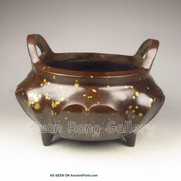 Chinese Splashing - Gold Bronze Tripod Incense Burner W Mark Nr Incense Burners photo