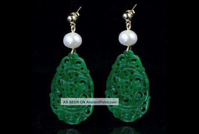 Antique Hand Carved Jade Earrings,  100% Natural Jade,  Freshwater Pearl Necklaces & Pendants photo