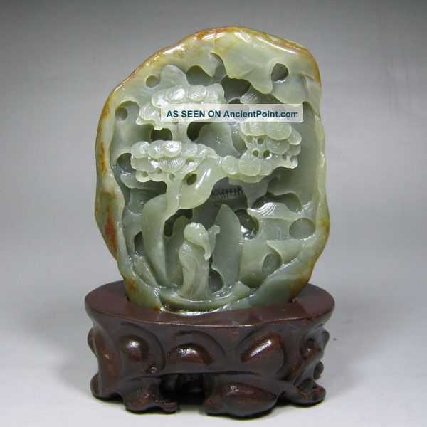 Chinese Hand - Crafted Carved Hetian Jade Statue & Landscape Pine Tree Poet Libai Men, Women & Children photo